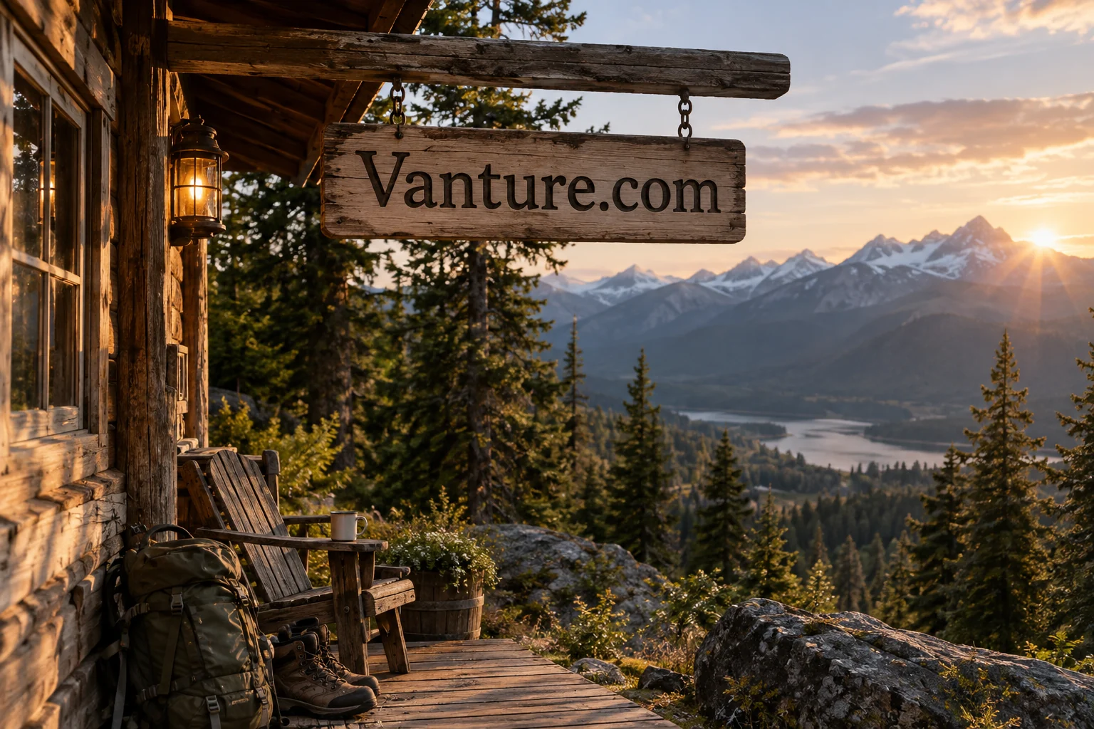A Vanture.com cabin sign overlooking a mountain valley at sunset