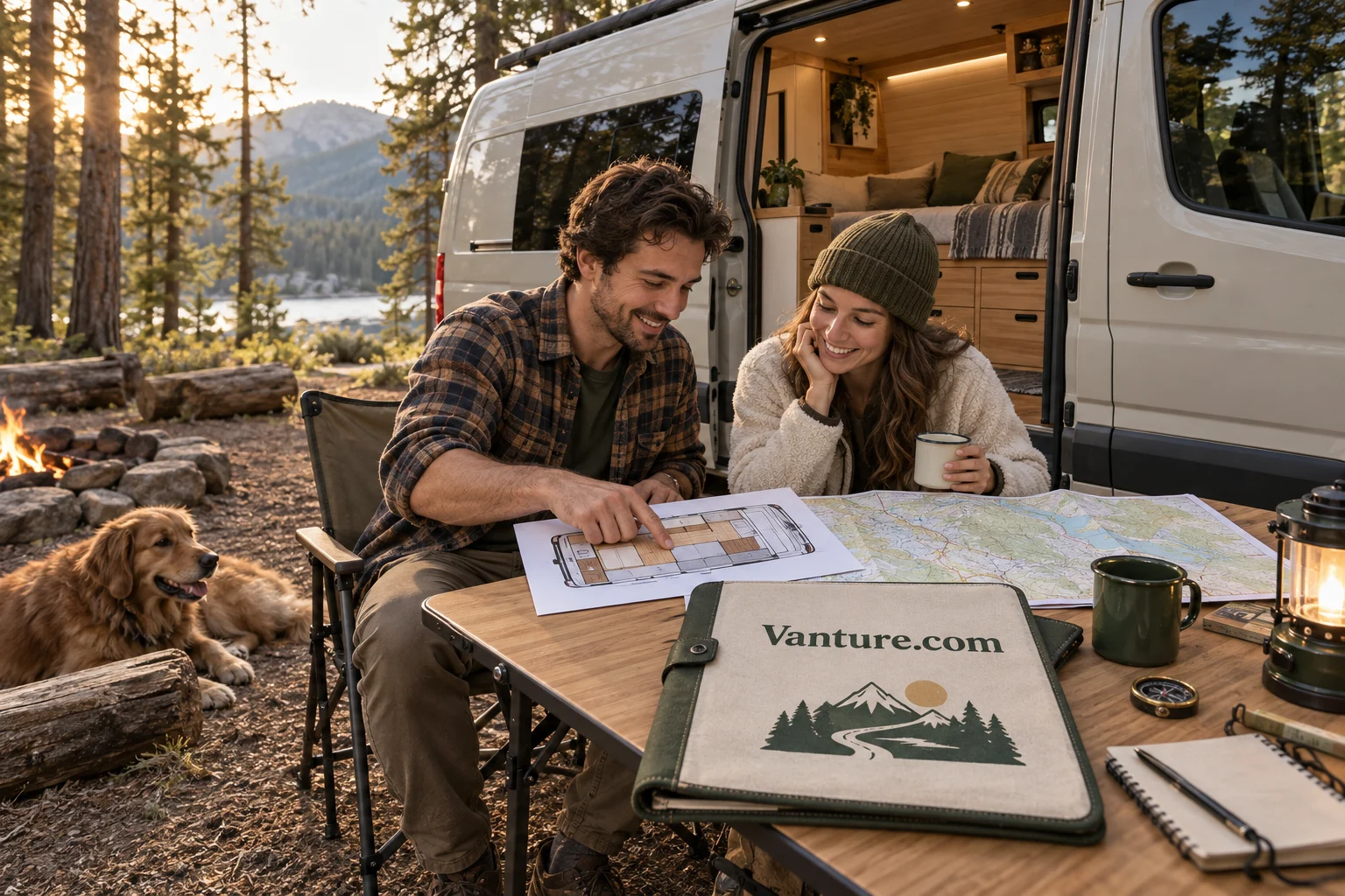 A custom camper van with a Vanture.com planning folio, interior layout and road-trip map