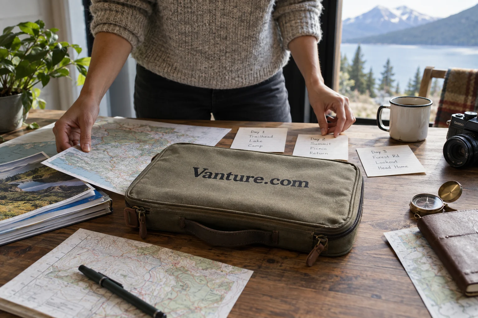 A mountain trip planning desk with a Vanture.com field notebook