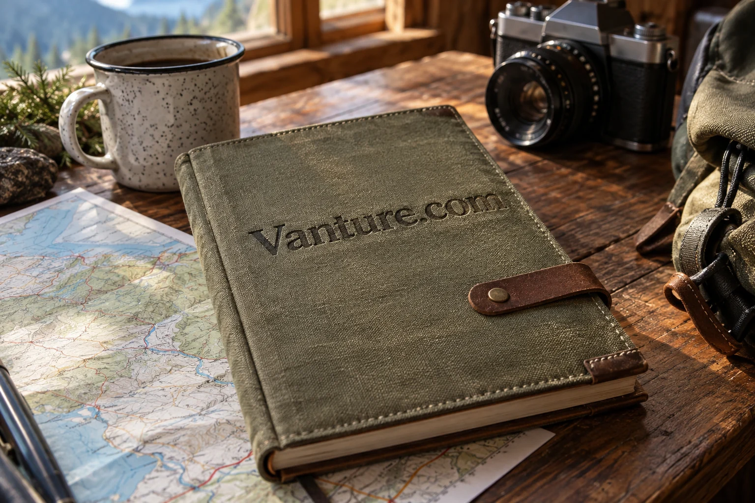 Vanture.com notebook beside a mug on a mountain cabin table